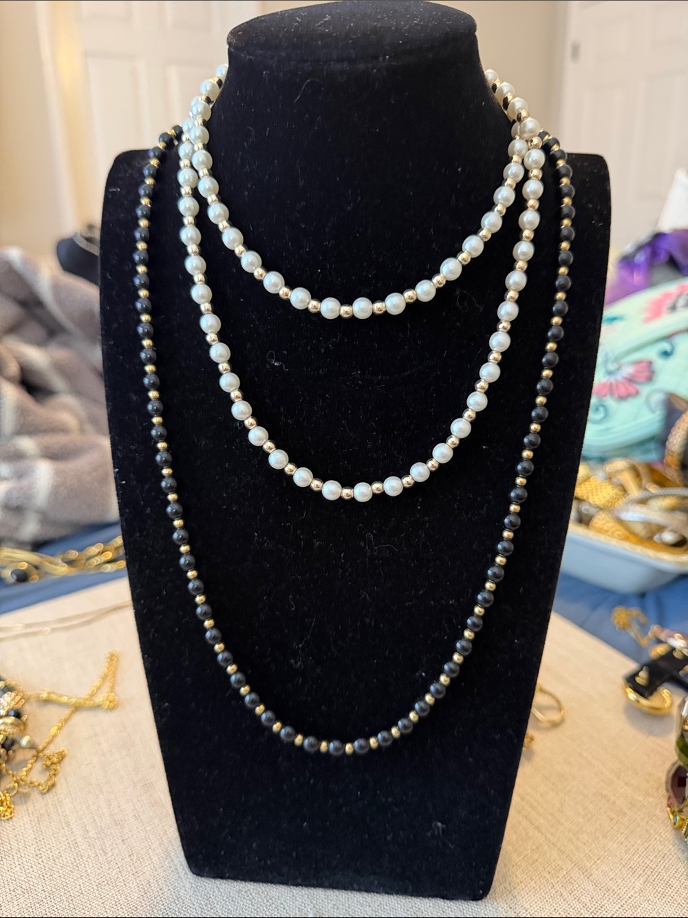 Monet Triple Strand Pearl and Black Bead Necklace